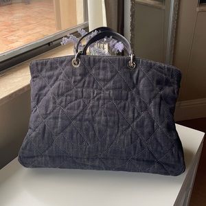 Classic Chanel black quilted denim timeless cc tote bag